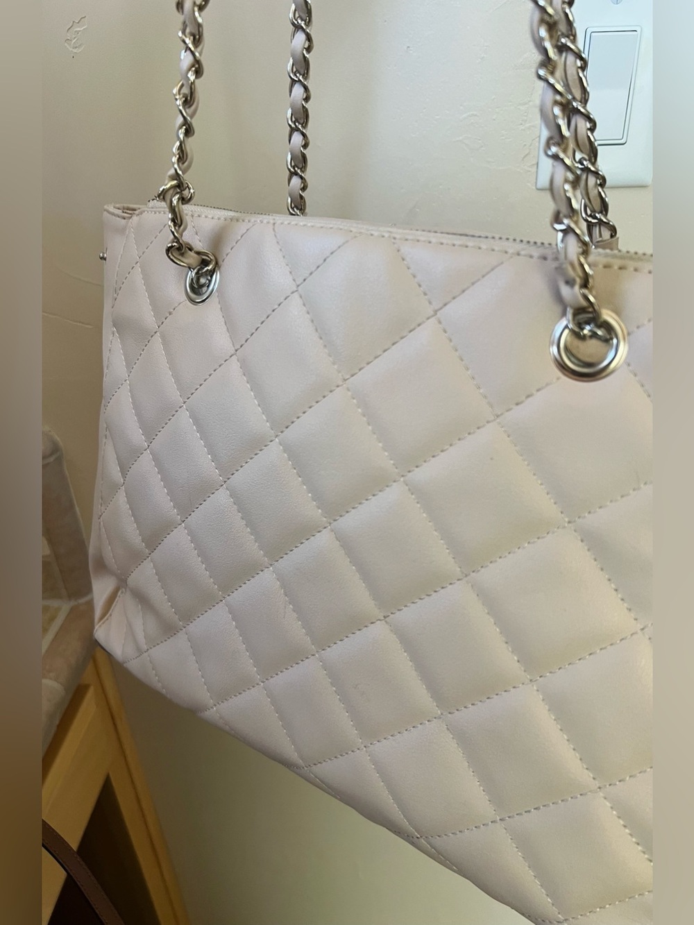 Quilted Chain-Handle Tote Bag - Beige - Picture 2 of 6
